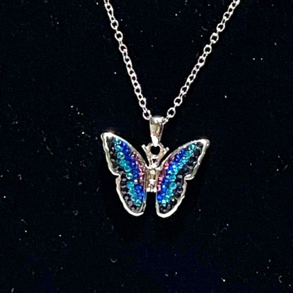CZ Crystals Rainbow Blue Butterfly Pendant Necklace Kylie Beyonce Style Necklace